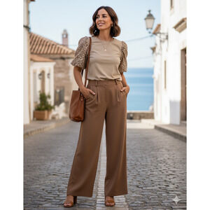 THML Anthropologie Textured jacquard puff sleeves Beige Boho Top blouse Sz L